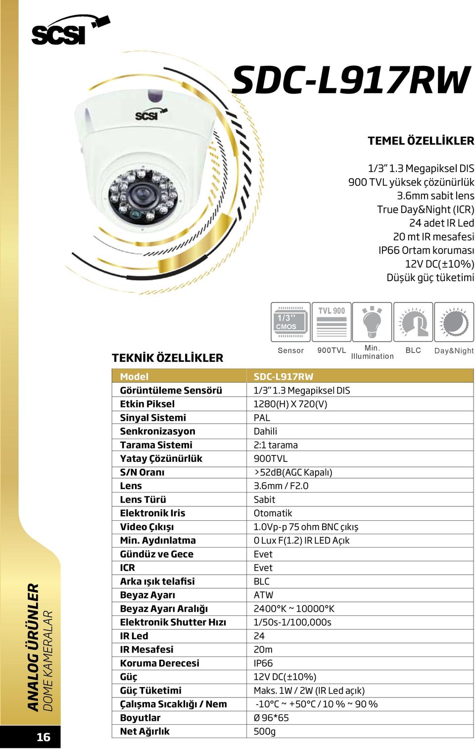 Day&Night DOME KAMERALAR 16 Etkin Piksel Sinyal Sistemi Senkronizasyon Tarama Sistemi Yatay Çözünürlük S/N Oranı Türü Elektronik Iris Gündüz ve Gece ICR Arka ışık telafisi Beyaz