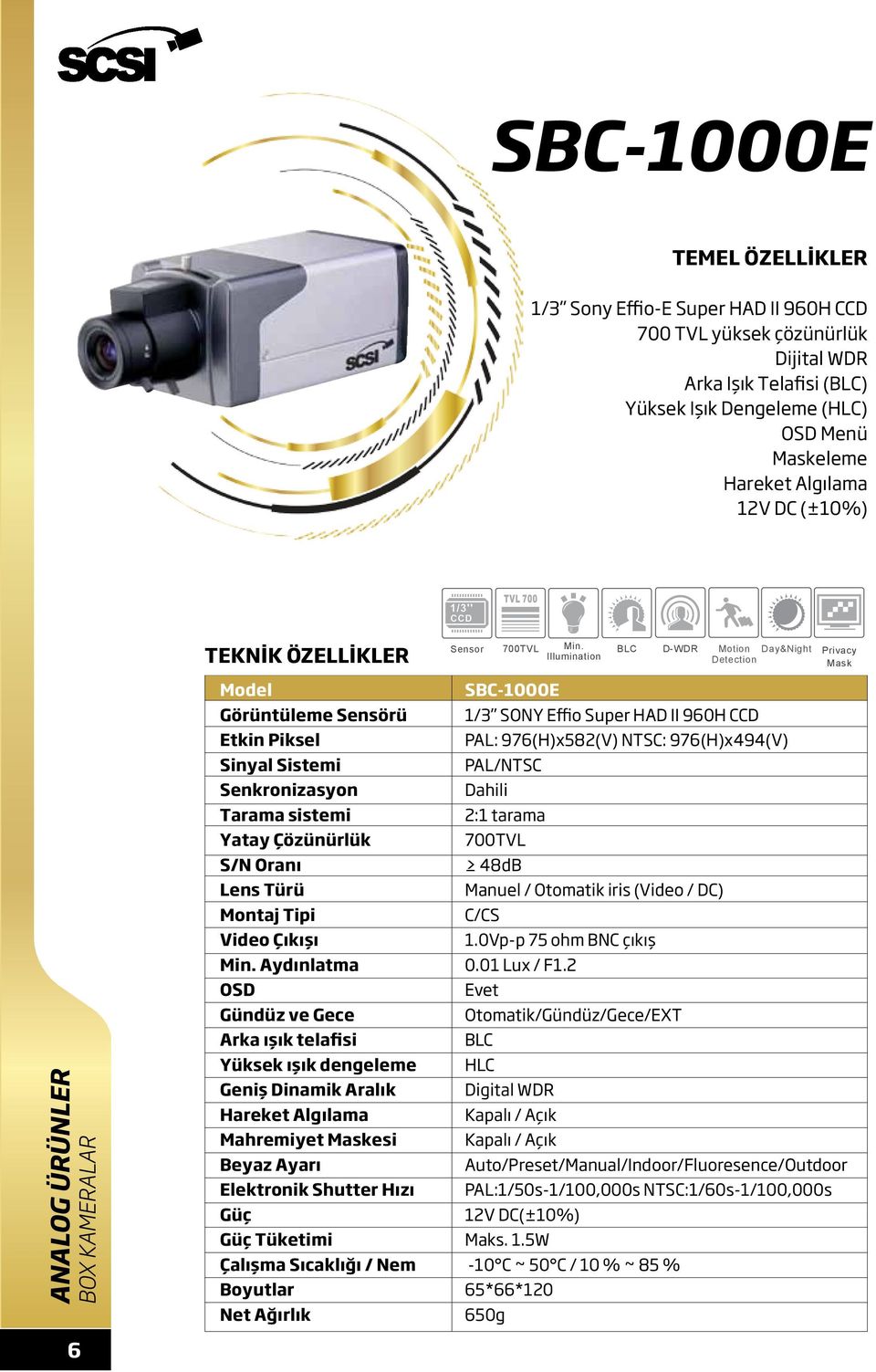 D-WDR Motion Day&Night Detection Privacy Mask BOX KAMERALAR Etkin Piksel Sinyal Sistemi Senkronizasyon Tarama sistemi Yatay Çözünürlük S/N Oranı Türü Montaj Tipi OSD Gündüz ve Gece Arka ışık telafisi