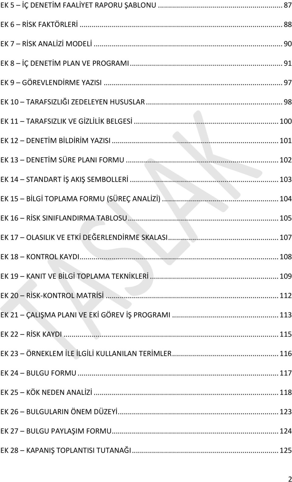 .. 102 EK 14 STANDART İŞ AKIŞ SEMBOLLERİ... 103 EK 15 BİLGİ TOPLAMA FORMU (SÜREÇ ANALİZİ)... 104 EK 16 RİSK SINIFLANDIRMA TABLOSU... 105 EK 17 OLASILIK VE ETKİ DEĞERLENDİRME SKALASI.