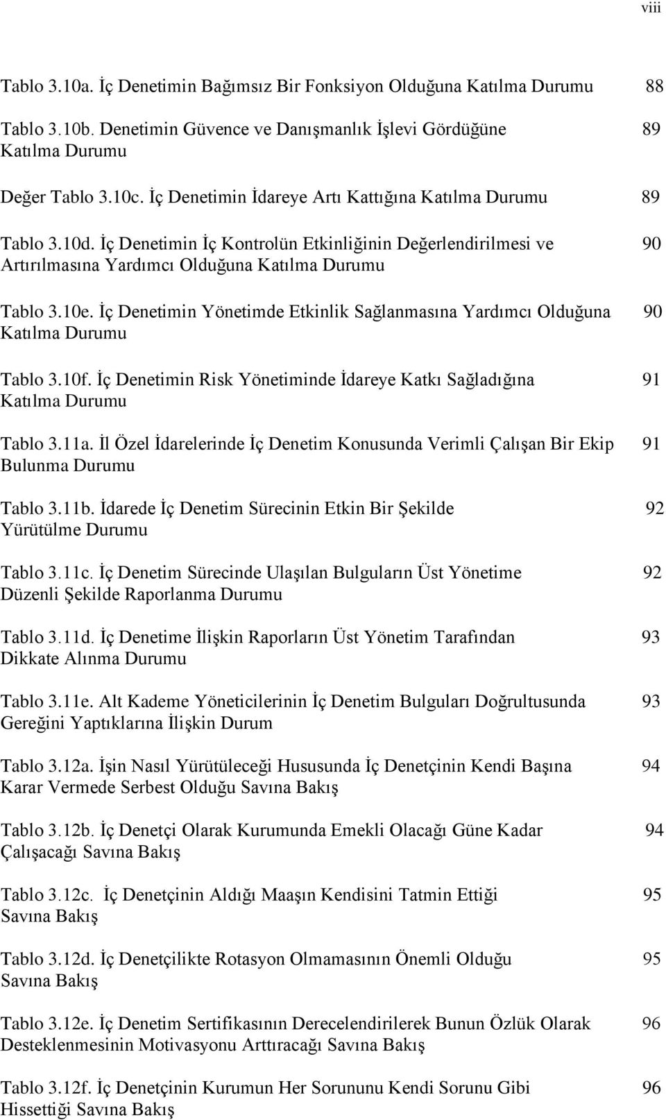 Ġç Denetimin Yönetimde Etkinlik Sağlanmasına Yardımcı Olduğuna 90 Katılma Durumu Tablo 3.10f. Ġç Denetimin Risk Yönetiminde Ġdareye Katkı Sağladığına 91 Katılma Durumu Tablo 3.11a.