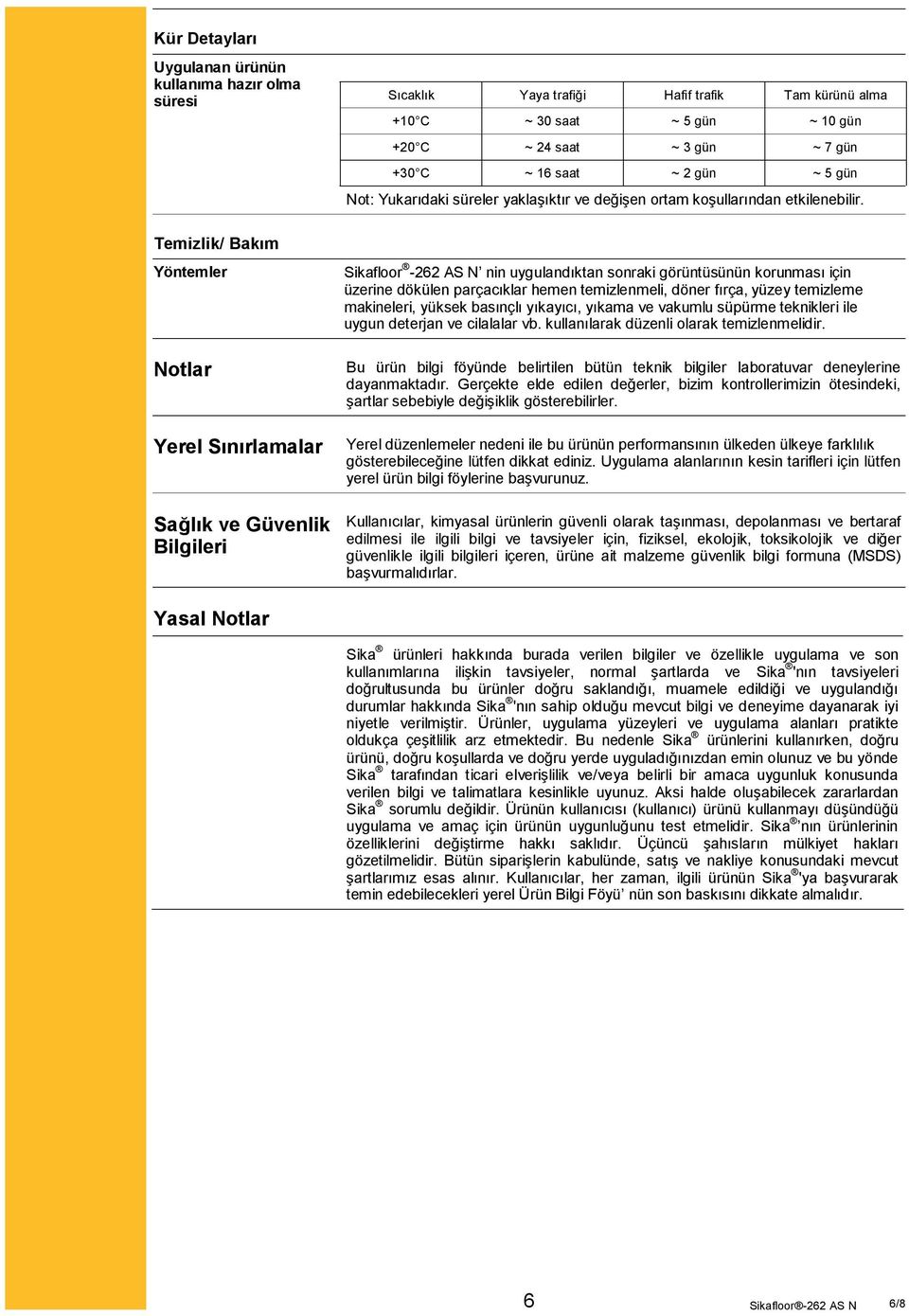 Sikafloor -262 AS N nin uygulandıktan sonraki görüntüsünün korunması için üzerine dökülen parçacıklar hemen temizlenmeli, döner fırça, yüzey temizleme makineleri, yüksek basınçlı yıkayıcı, yıkama ve