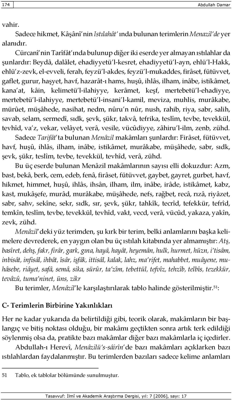 l-akdes, feyzü l-mukaddes, firâset, fütüvvet, gaflet, gurur, haşyet, havf, hazarât-ı hams, huşû, ihlâs, ilham, inâbe, istikâmet, kana at, kâin, kelimetü l-ilahiyye, kerâmet, keşf, mertebetü