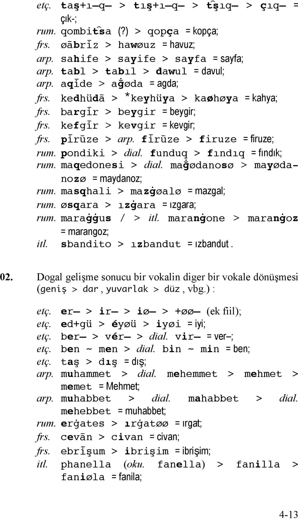 funduq > fındıq = fındık; rum. maqedonesi > dial. ma#ødanosø > mayødanozø = maydanoz; rum. masqhali > mazπøalø = mazgal; rum. øsqara > ızπara = ızgara; rum. maraππus / > itl.