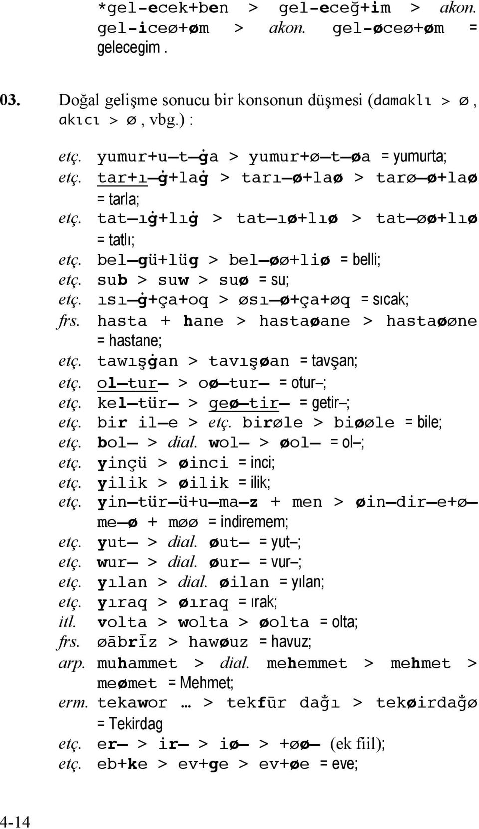 sub > suw > suø = su; etç. ısı π+ça+oq > øsı ø+ça+øq = sıcak; frs. hasta + hane > hastaøane > hastaøøne = hastane; etç. tawışπan > tavışøan = tavşan; etç. ol tur > oø tur = otur ; etç.