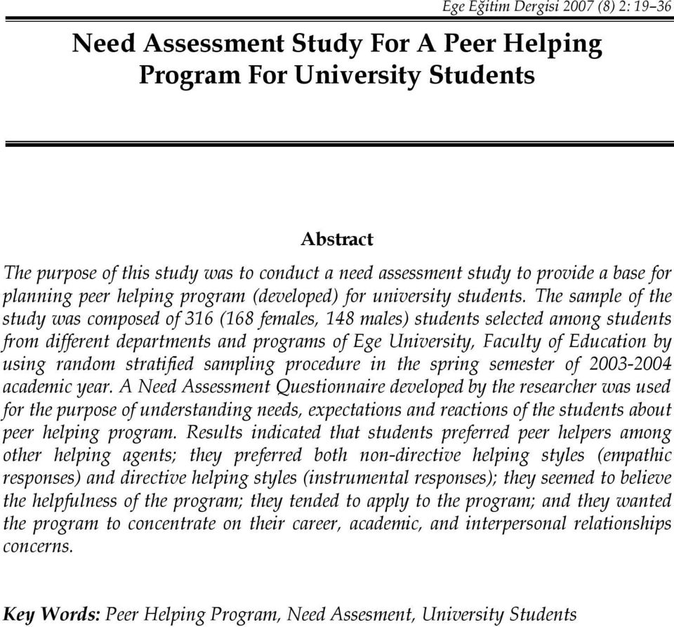 The sample of the study was composed of 316 (168 females, 148 males) students selected among students from different departments and programs of Ege University, Faculty of Education by using random