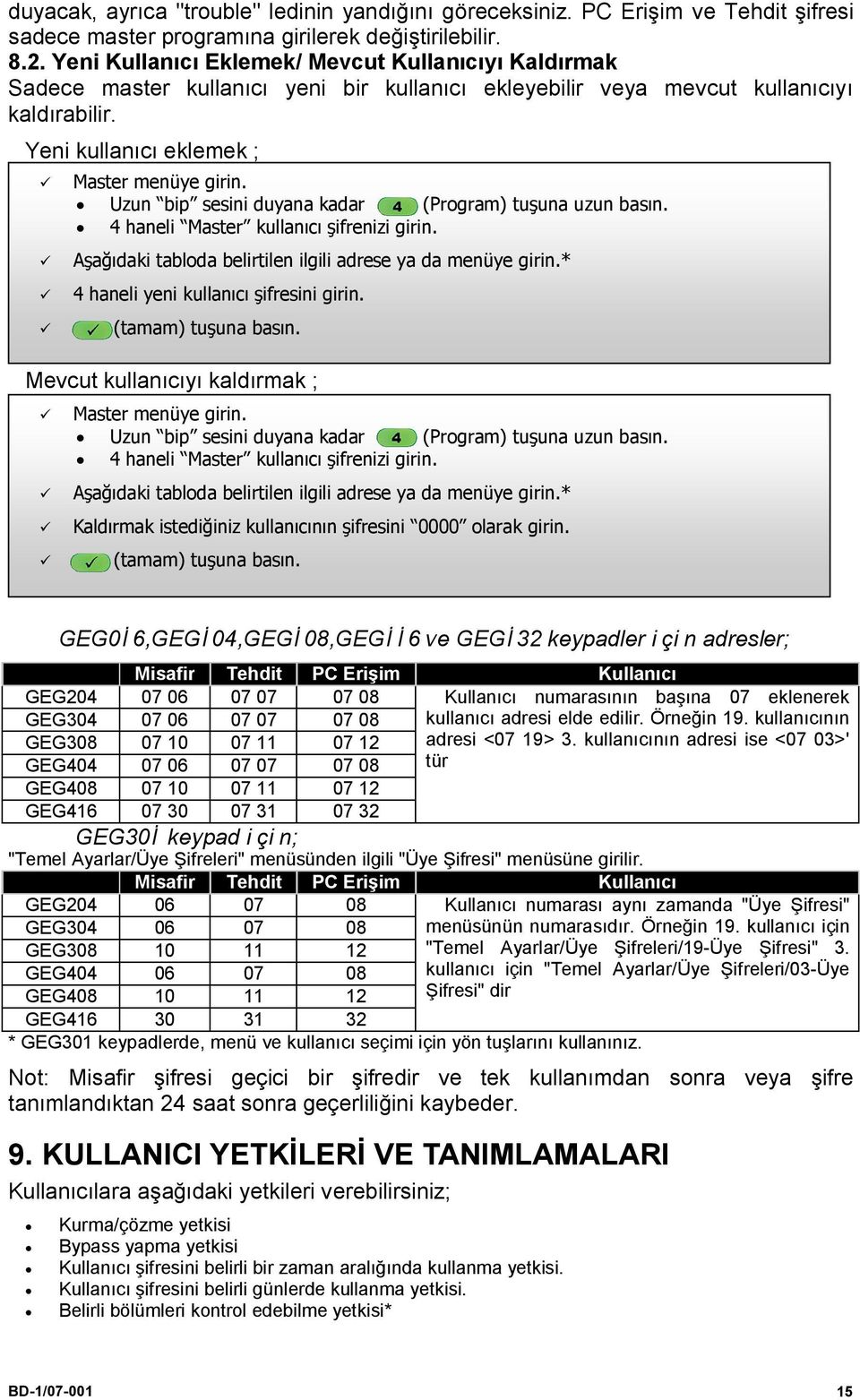 Yeni kullanıcı eklemek ; Mevcut kullanıcıyı kaldırmak ; Uzun bip sesini duyana kadar (Program) tuşuna uzun basın. 4 haneli Master kullanıcı şifrenizi girin.