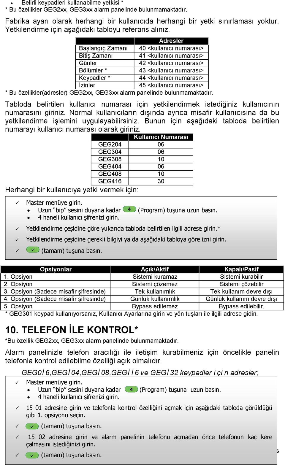 Adresler Başlangıç Zamanı 40 <kullanıcı numarası> Bitiş Zamanı 41 <kullanıcı numarası> Günler 42 <kullanıcı numarası> Bölümler * 43 <kullanıcı numarası> Keypadler * 44 <kullanıcı numarası> İzinler 45