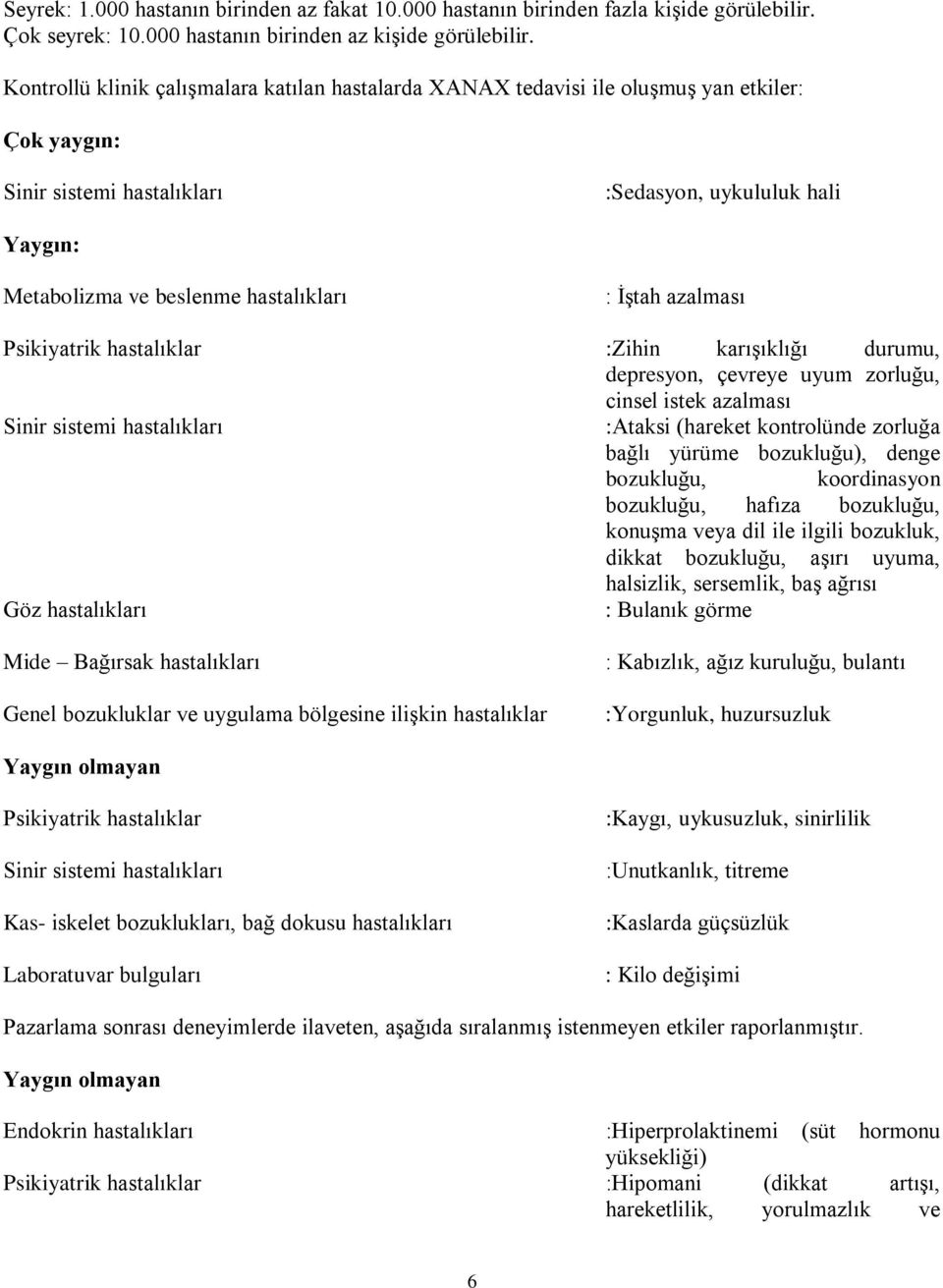 hastalıklar :Zihin karışıklığı durumu, depresyon, çevreye uyum zorluğu, cinsel istek azalması :Ataksi (hareket kontrolünde zorluğa bağlı yürüme bozukluğu), denge bozukluğu, koordinasyon bozukluğu,