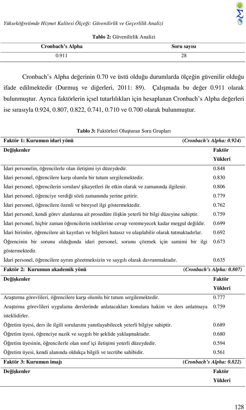 Ayrıca faktörlerin içsel tutarlılıkları için hesaplanan Cronbach s Alpha değerleri ise sırasıyla 0.924, 0.807, 0.822, 0.741, 0.710 ve 0.700 olarak bulunmuştur.