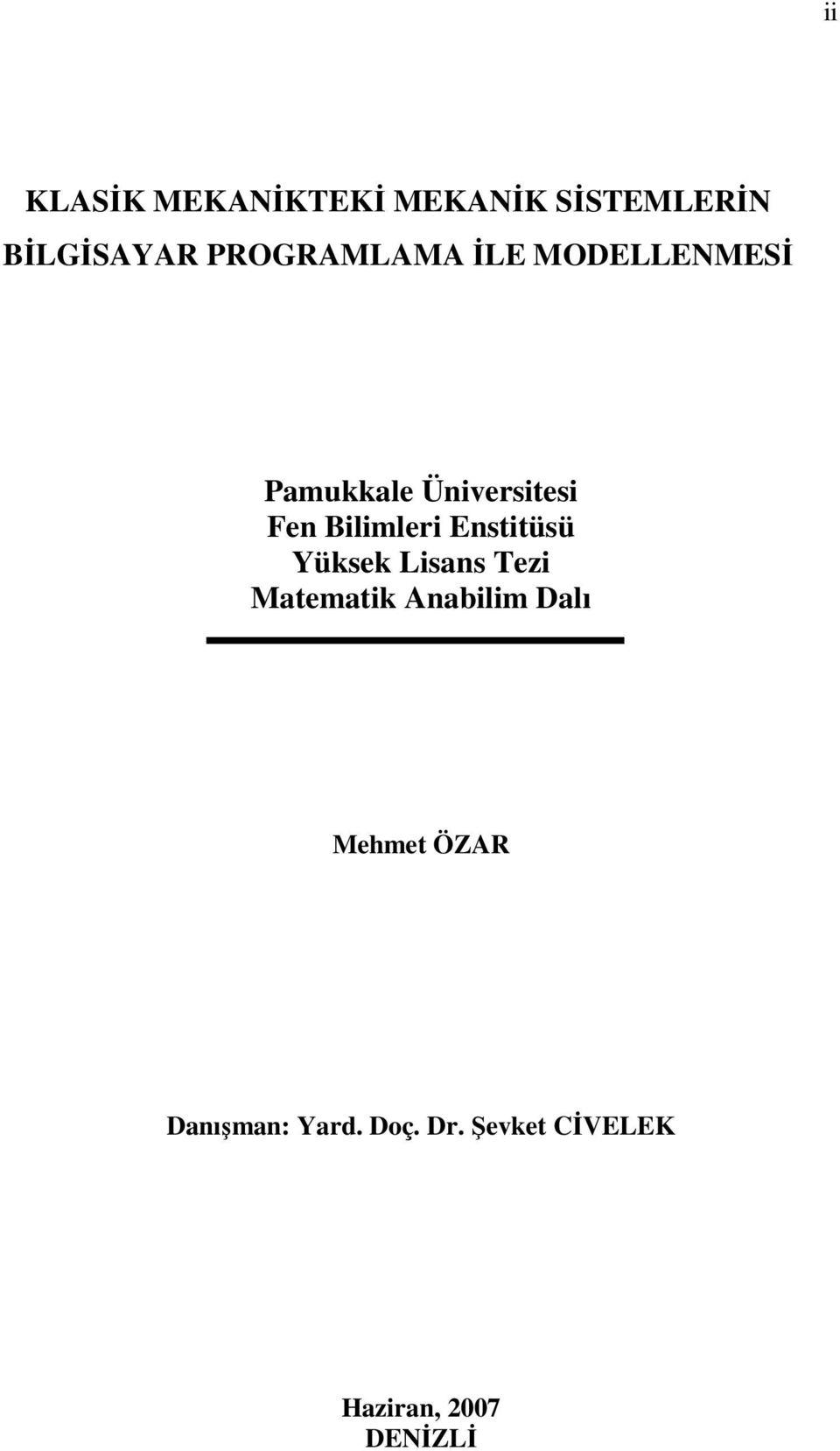 Bilimleri Enstitüsü Yüksek Lisans Tezi Matematik Anabilim