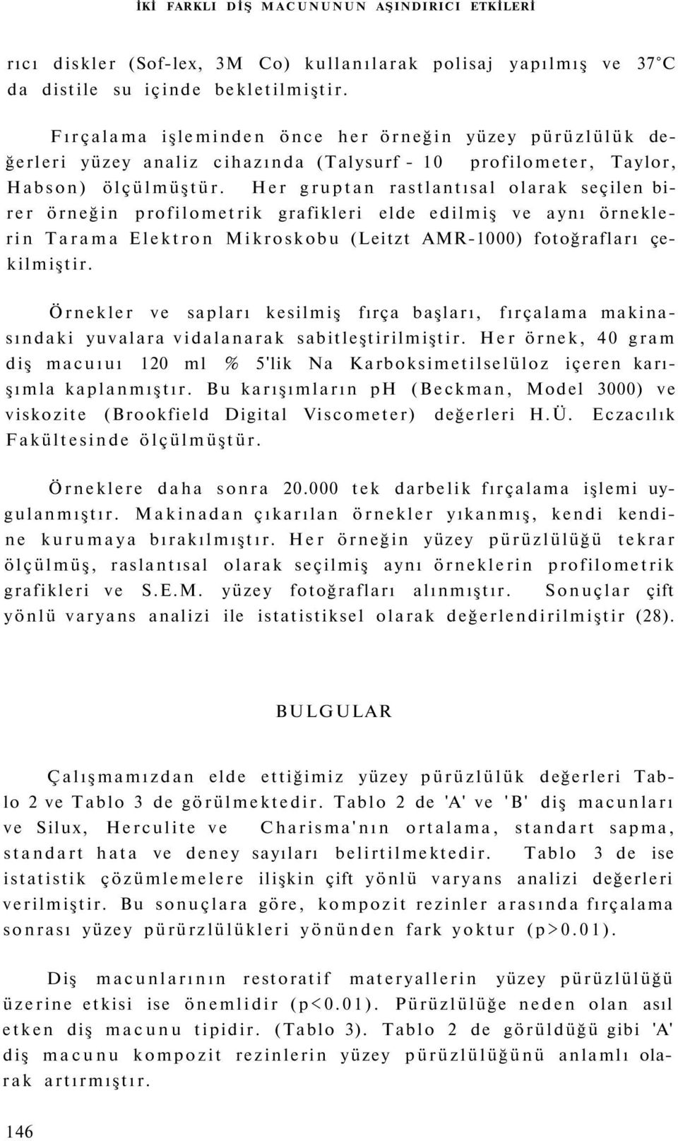 Her gruptan rastlantısal olarak seçilen birer örneğin profilometrik grafikleri elde edilmiş ve aynı örneklerin Tarama Elektron Mikroskobu (Leitzt AMR-1000) fotoğrafları çekilmiştir.