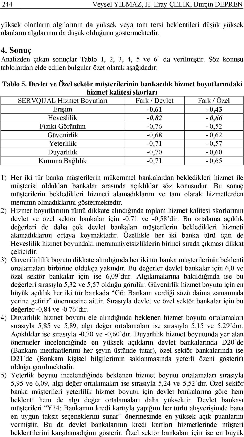 Devlet ve Özel sektör müşterilerinin bankacılık hizmet boyutlarındaki hizmet kalitesi skorları SERVQUAL Hizmet Boyutları Fark / Devlet Fark / Özel Erişim -0,61-0,43 Heveslilik -0,82-0,66 Fiziki