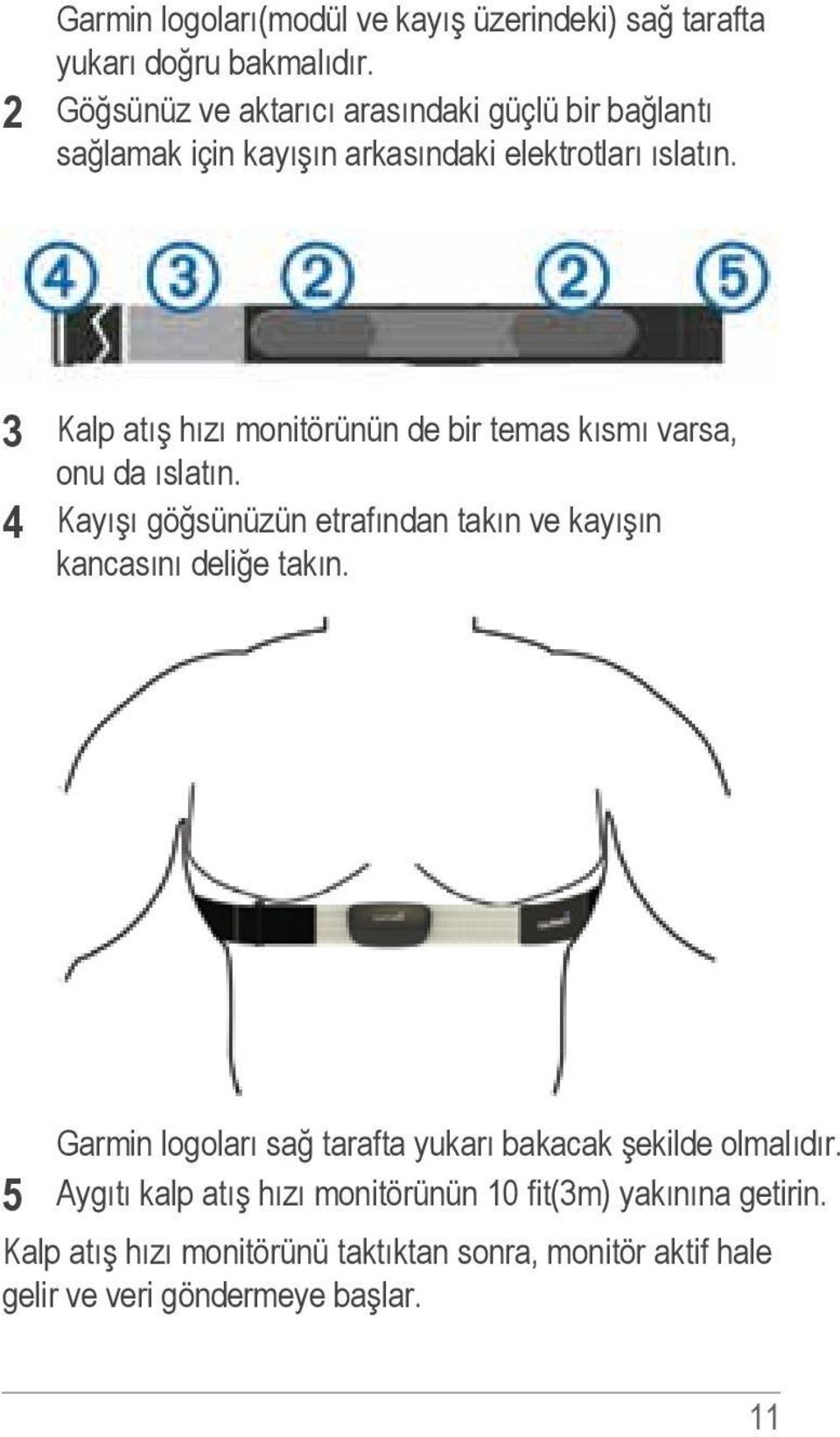 3 Kalp atış hızı monitörünün de bir temas kısmı varsa, onu da ıslatın.