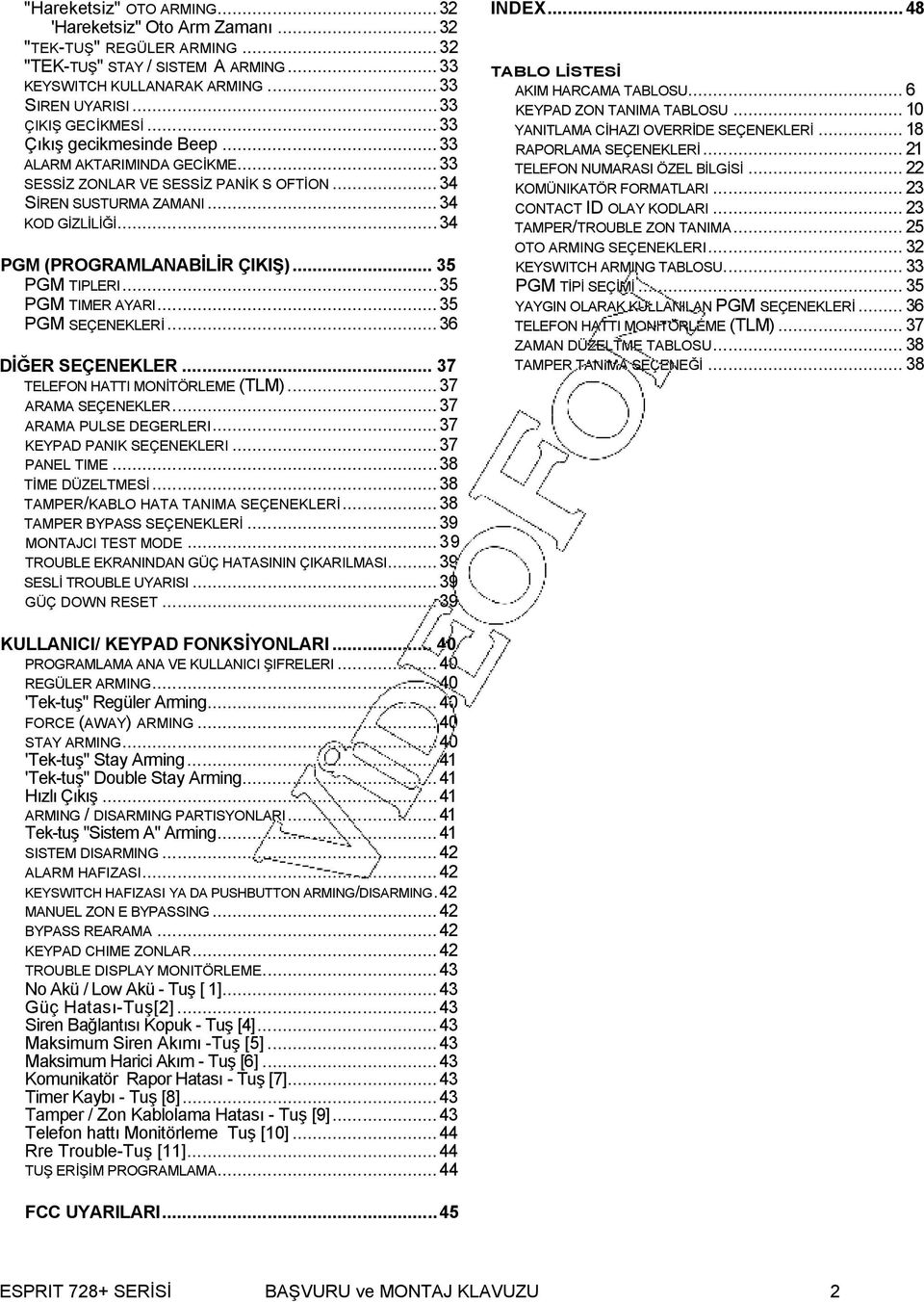 ..35 PGM TIMER AYARI...35 PGM SEÇENEKLERİ...36 DİĞER SEÇENEKLER... 37 TELEFON HATTI MONİTÖRLEME (TLM)...37 ARAMA SEÇENEKLER...37 ARAMA PULSE DEGERLERI...37 KEYPAD PANIK SEÇENEKLERI...37 PANEL TIME.