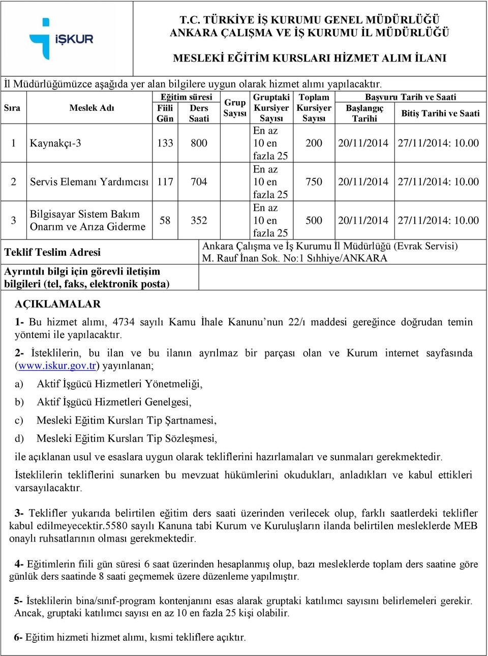 Sıra Meslek Adı Eğitim süresi Fiili Ders Gün Saati 1 Kaynakçı-3 133 800 2 Servis Elemanı Yardımcısı 117 704 3 Bilgisayar Sistem Bakım Onarım ve Arıza Giderme Teklif Teslim Adresi Ayrıntılı bilgi için