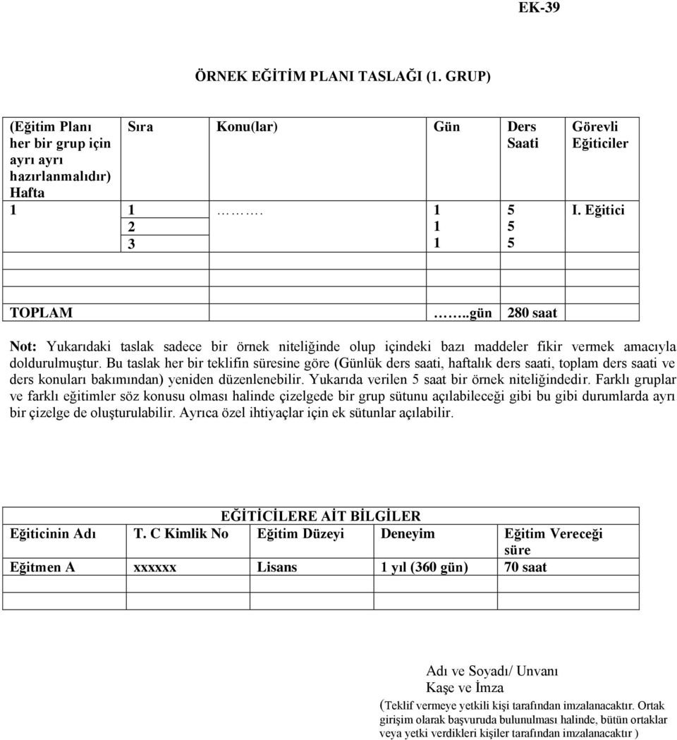 Bu taslak her bir teklifin süresine göre (Günlük ders saati, haftalık ders saati, toplam ders saati ve ders konuları bakımından) yeniden düzenlenebilir.