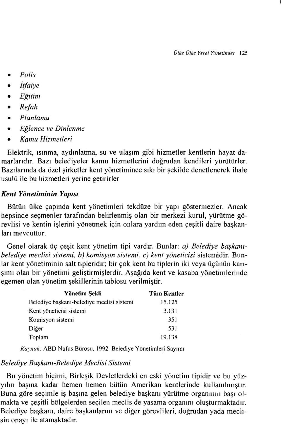 Bazılarında da özel şirketler kent yönetimince sıkı bir şekilde denetlenerek ihale usulü ile bu hizmetleri yerine getirirler Kent Yönetiminin Yapısı Bütün ülke çapında kent yönetimleri tekdüze bir