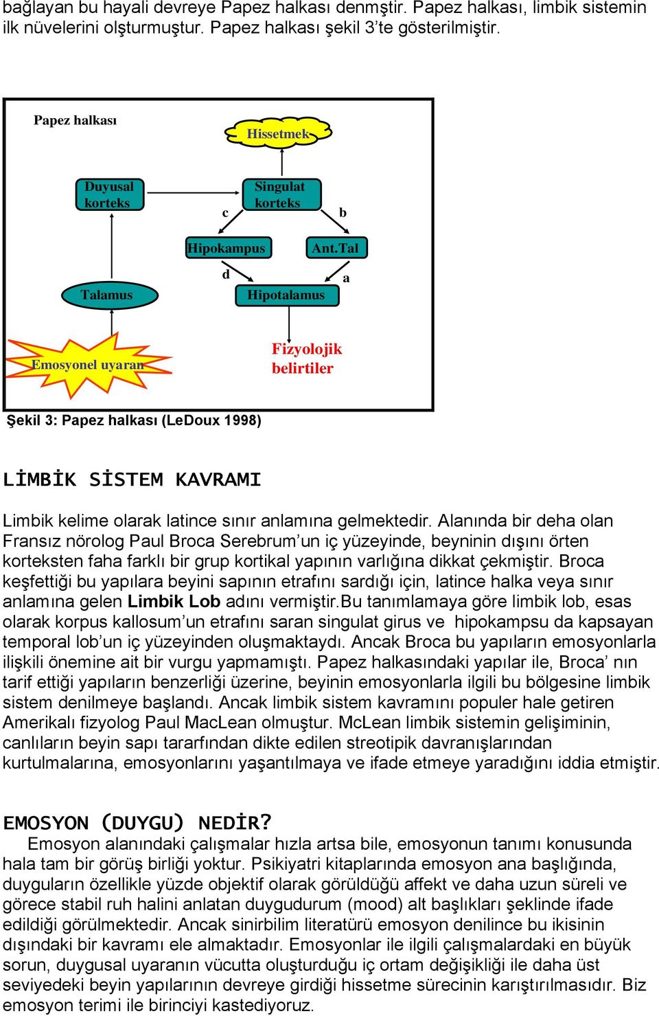 Tal d a Hipotalamus Emosyonel uyaran Fizyolojik belirtiler Şekil 3: Papez halkası (LeDoux 1998) LİMBİK SİSTEM KAVRAMI Limbik kelime olarak latince sınır anlamına gelmektedir.