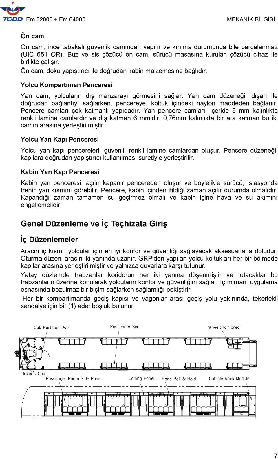 Yan cam düzeneği, dışarı ile doğrudan bağlantıyı sağlarken, pencereye, koltuk içindeki naylon maddeden bağlanır. Pencere camları çok katmanlı yapıdadır.