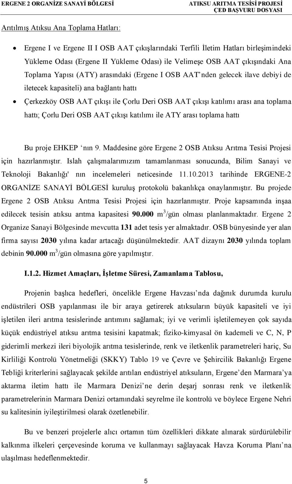 katılımı arası ana toplama hattı; Çorlu Deri OSB AAT çıkışı katılımı ile ATY arası toplama hattı Bu proje EHKEP nın 9. Maddesine göre Ergene 2 OSB Atıksu Arıtma Tesisi Projesi için hazırlanmıştır.