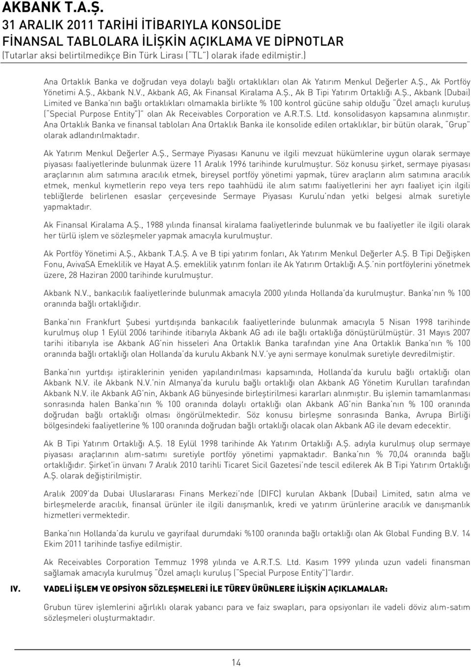 S. Ltd. konsolidasyon kapsamına alınmıştır. Ana Ortaklık Banka ve finansal tabloları Ana Ortaklık Banka ile konsolide edilen ortaklıklar, bir bütün olarak, Grup olarak adlandırılmaktadır.