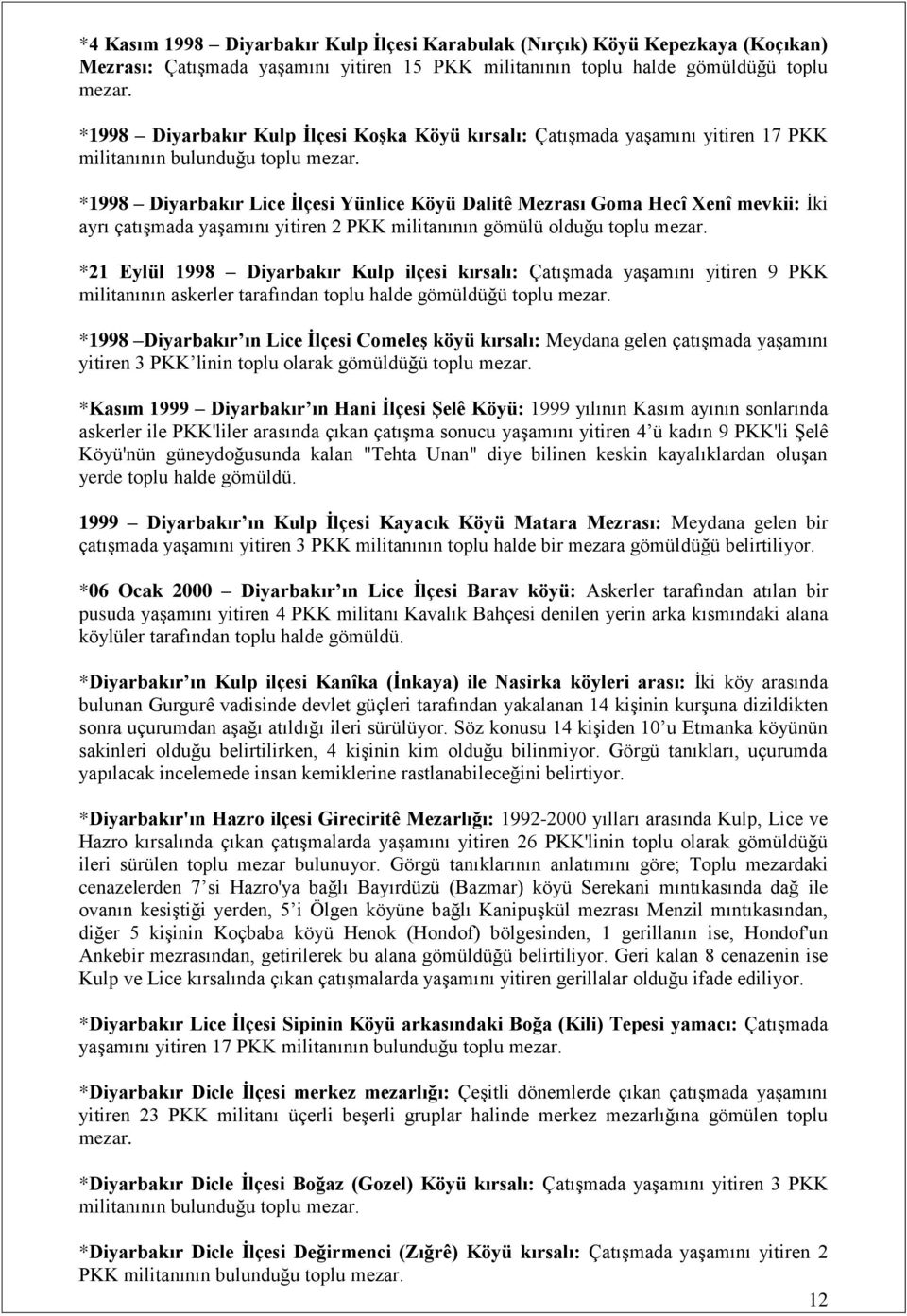 *1998 Diyarbakır Lice Ġlçesi Yünlice Köyü Dalitê Mezrası Goma Hecî Xenî mevkii: İki ayrı çatışmada yaşamını yitiren 2 PKK militanının gömülü olduğu toplu mezar.