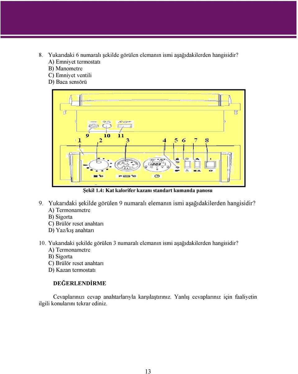 A) Termonametre B) Sigorta C) Brülör reset anahtarı D) Yaz/kış anahtarı 10. Yukarıdaki şekilde görülen 3 numaralı elemanın ismi aşağıdakilerden hangisidir?