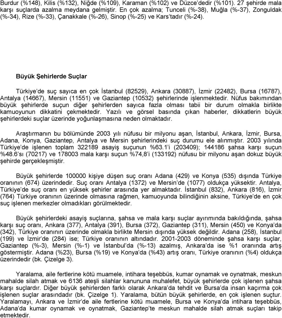 Büyük Şehirlerde Suçlar Türkiye de suç sayıca en çok İstanbul (82529), Ankara (30887), İzmir (22482), Bursa (16787), Antalya (14667), Mersin (11551) ve Gaziantep (10532) şehirlerinde işlenmektedir.