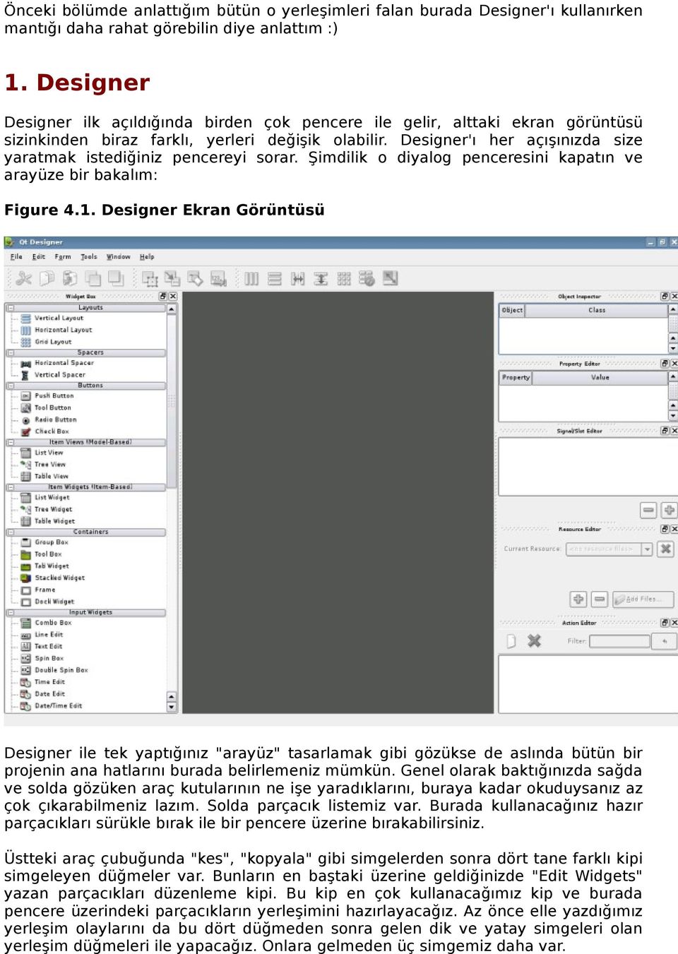 Designer'ı her açışınızda size yaratmak istediğiniz pencereyi sorar. Şimdilik o diyalog penceresini kapatın ve arayüze bir bakalım: Figure 4.1.