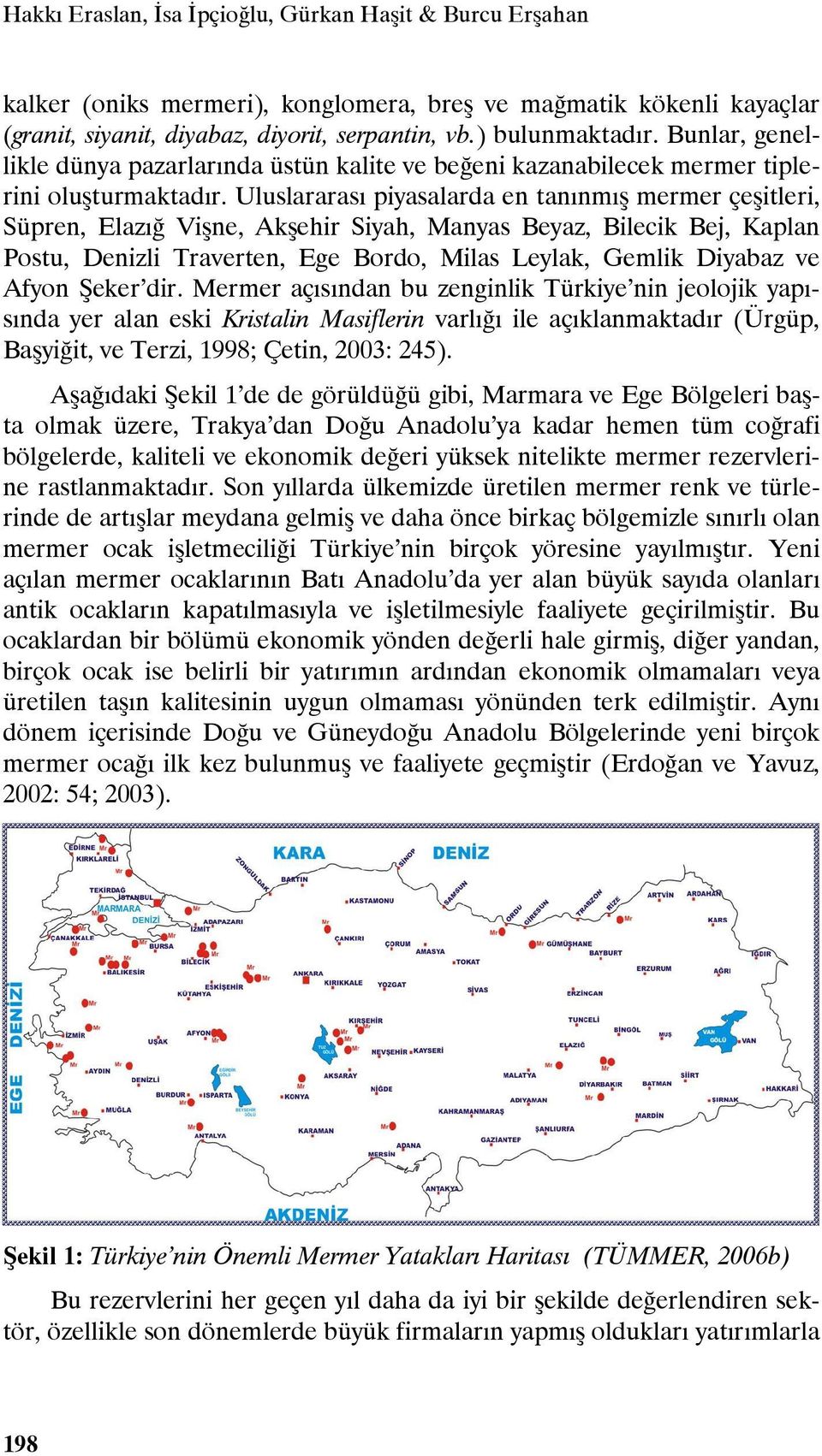 Uluslararası piyasalarda en tanınmış mermer çeşitleri, Süpren, Elazığ Vişne, Akşehir Siyah, Manyas Beyaz, Bilecik Bej, Kaplan Postu, Denizli Traverten, Ege Bordo, Milas Leylak, Gemlik Diyabaz ve