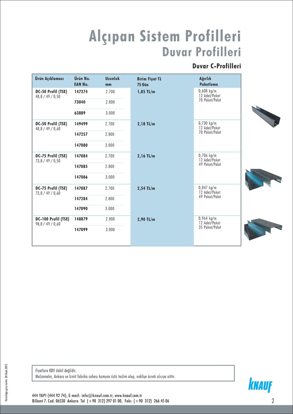 800 2,18 TL/m 0,730 kg/m 70 Paket/Palet 147080 DC-75 Profil (TSE) 73,8 / 49 / 0,50 147084 147085 2.700 2.