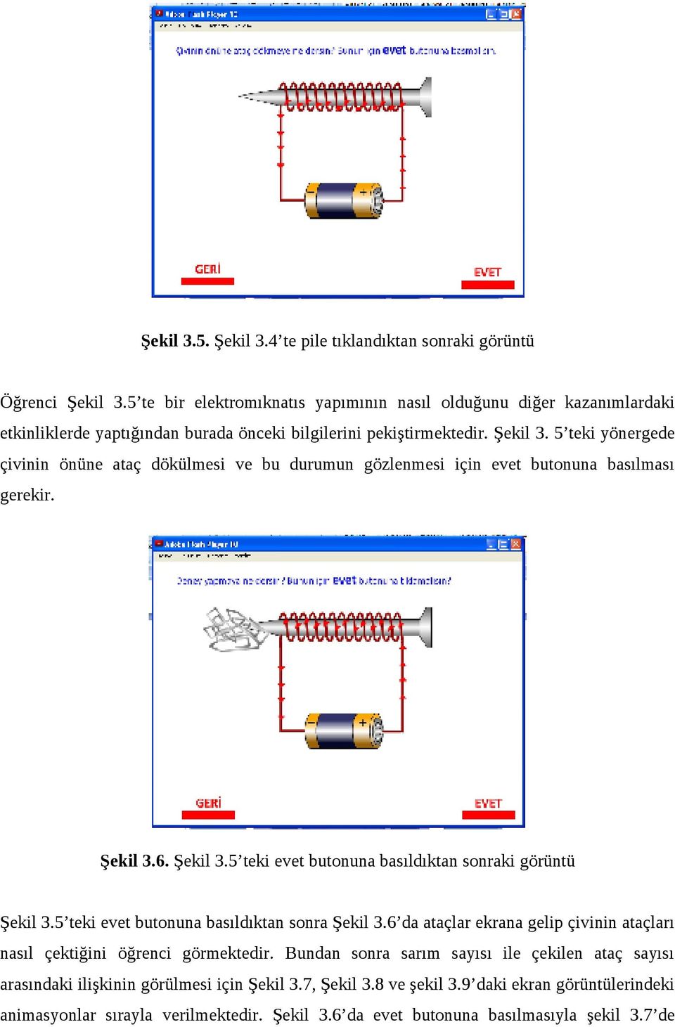 5 teki yönergede çivinin önüne ataç dökülmesi ve bu durumun gözlenmesi için evet butonuna basılması gerekir. Şekil 3.6. Şekil 3.5 teki evet butonuna basıldıktan sonraki görüntü Şekil 3.