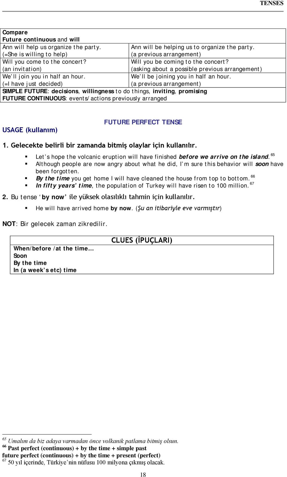 (a previous arrangement) (=I have just decided) SIMPLE FUTURE: decisions, willingness to do things, inviting, promising FUTURE CONTINUOUS: events/actions previously arranged USAGE (kullanım) FUTURE