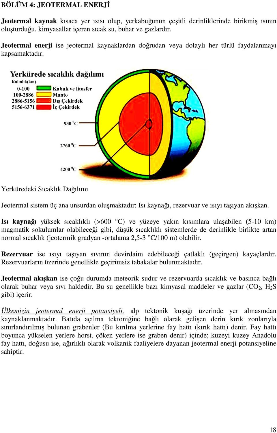 Yerküredeki Sıcaklık Dağılımı Jeotermal sistem üç ana unsurdan oluşmaktadır: Isı kaynağı, rezervuar ve ısıyı taşıyan akışkan.