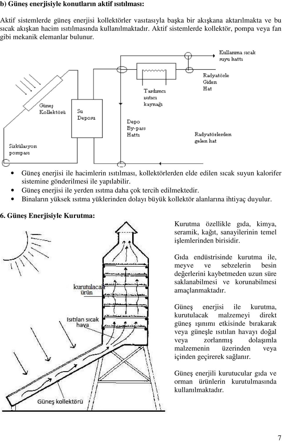 Güneş enerjisi ile hacimlerin ısıtılması, kollektörlerden elde edilen sıcak suyun kalorifer sistemine gönderilmesi ile yapılabilir. Güneş enerjisi ile yerden ısıtma daha çok tercih edilmektedir.