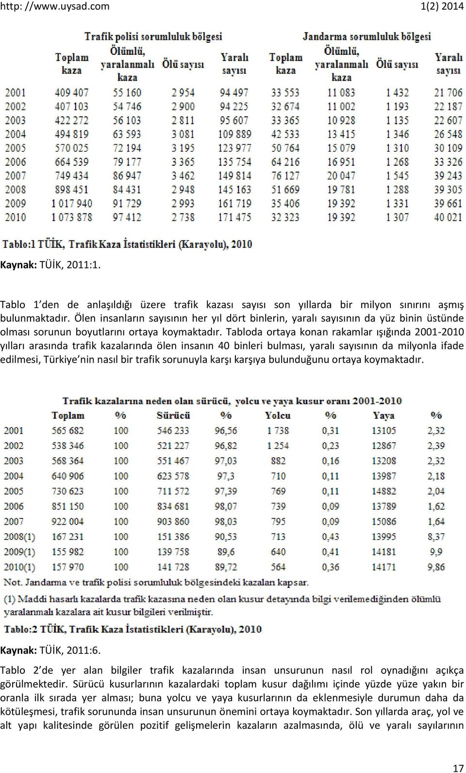 Tabloda ortaya konan rakamlar ışığında 2001-2010 yılları arasında trafik kazalarında ölen insanın 40 binleri bulması, yaralı sayısının da milyonla ifade edilmesi, Türkiye nin nasıl bir trafik