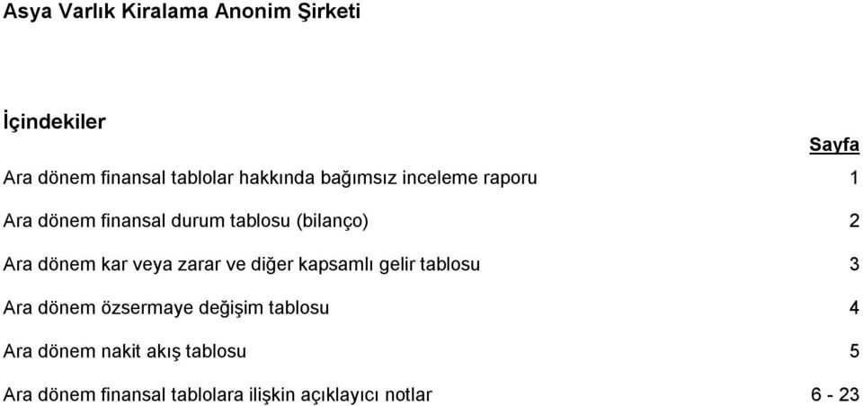 ve diğer kapsamlı gelir tablosu 3 Ara dönem özsermaye değişim tablosu 4 Ara