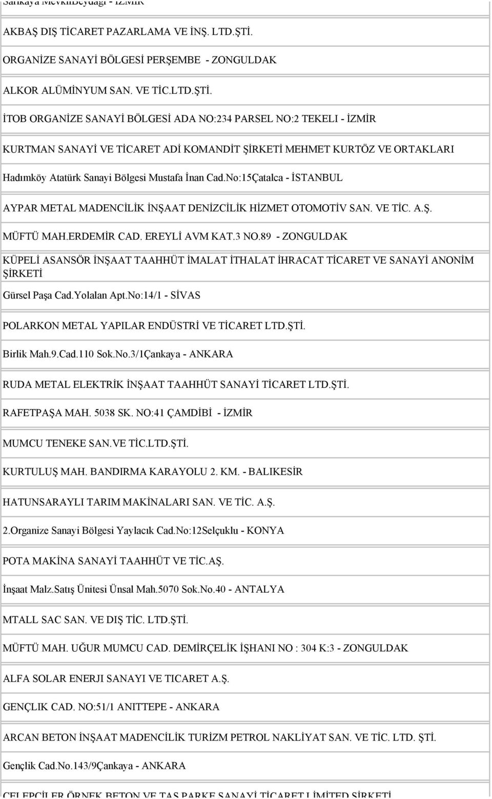 İTOB ORGANİZE SANAYİ BÖLGESİ ADA NO:234 PARSEL NO:2 TEKELI - İZMİR KURTMAN SANAYİ VE TİCARET ADİ KOMANDİT ŞİRKETİ MEHMET KURTÖZ VE ORTAKLARI Hadımköy Atatürk Sanayi Bölgesi Mustafa İnan Cad.