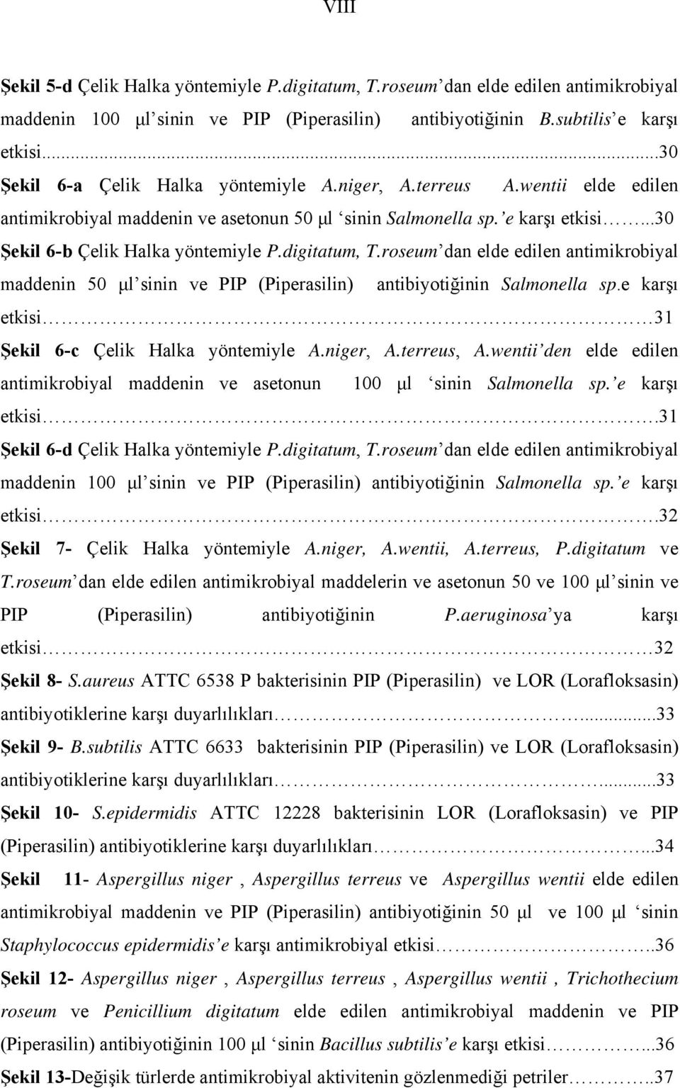 digitatum, T.roseum dan elde edilen antimikrobiyal maddenin 50 μl sinin ve PIP (Piperasilin) antibiyotiğinin Salmonella sp.e karşı etkisi 31 Şekil 6-c Çelik Halka yöntemiyle A.niger, A.terreus, A.