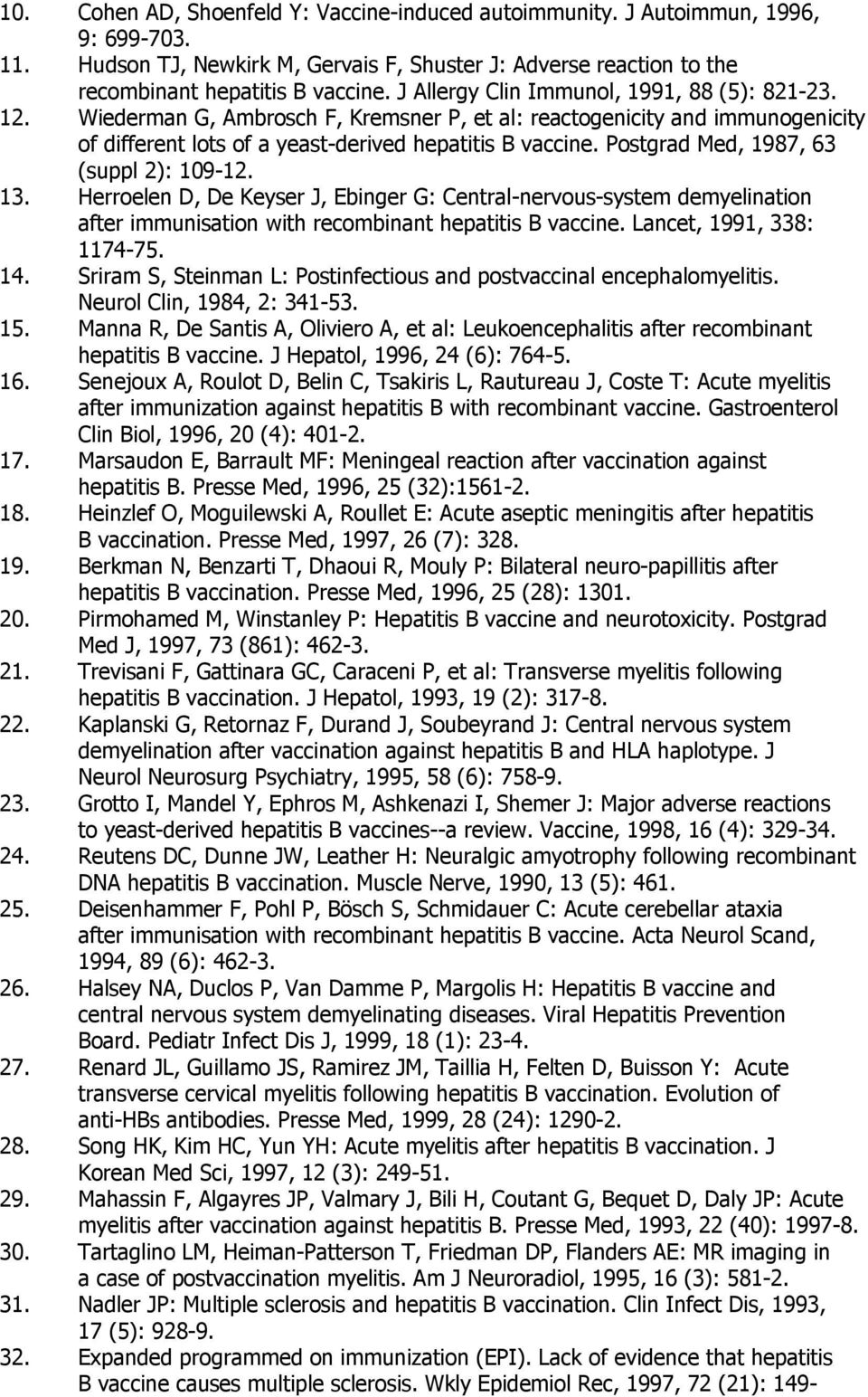 Postgrad Med, 1987, 63 (suppl 2): 109-12. 13. Herroelen D, De Keyser J, Ebinger G: Central-nervous-system demyelination after immunisation with recombinant hepatitis B vaccine.