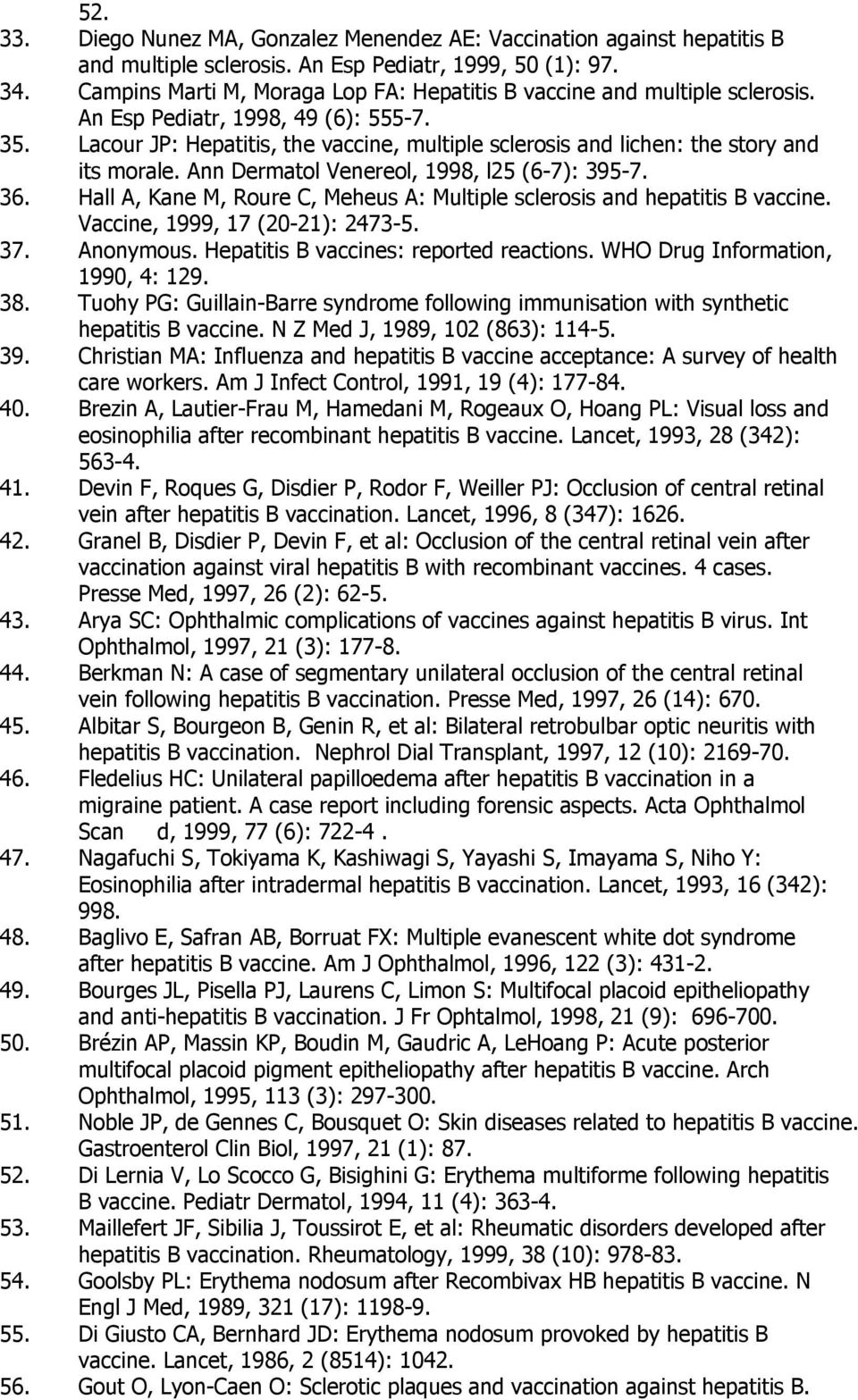 Lacour JP: Hepatitis, the vaccine, multiple sclerosis and lichen: the story and its morale. Ann Dermatol Venereol, 1998, l25 (6-7): 395-7. 36.