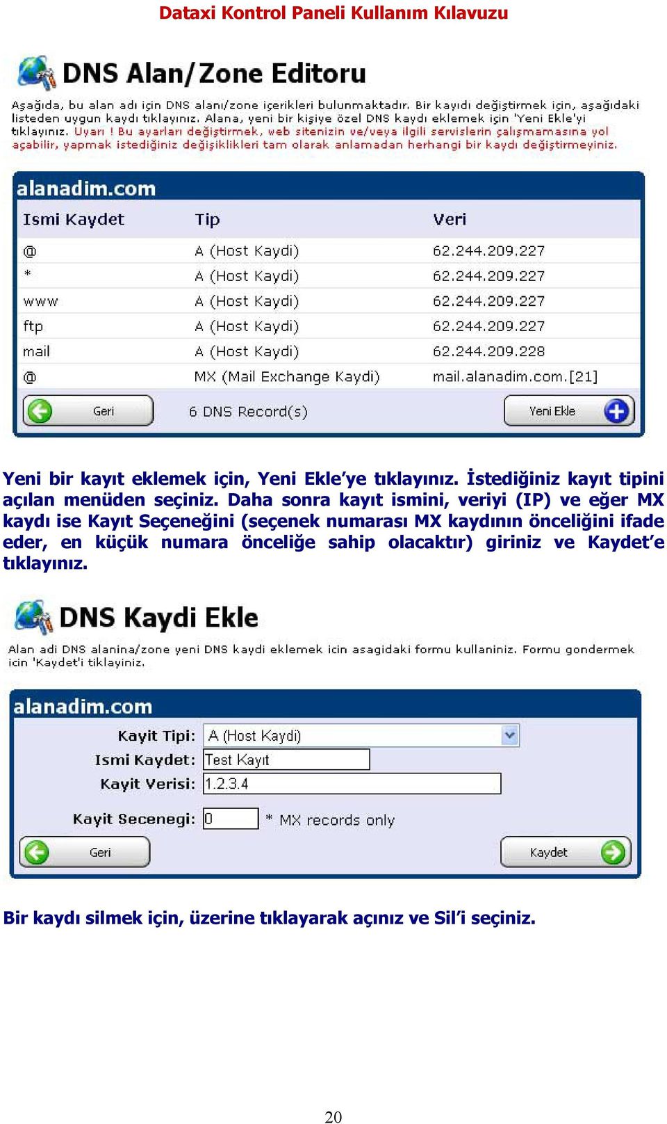 Daha sonra kayıt ismini, veriyi (IP) ve eğer MX kaydı ise Kayıt Seçeneğini (seçenek numarası