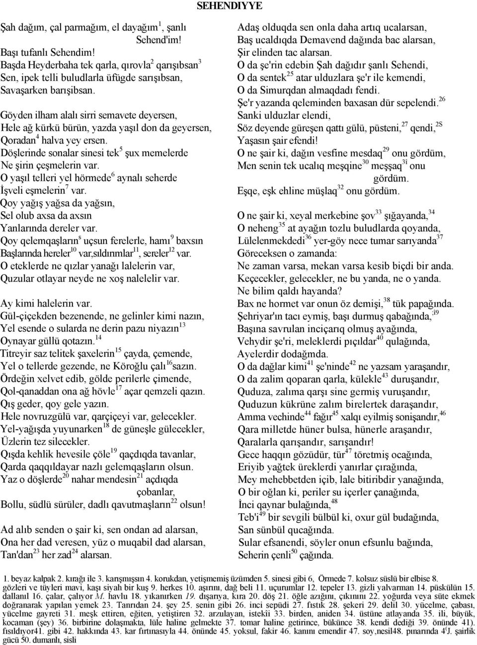 Göyden ilham alalı sirri semavete deyersen, Hele ağ kürkü bürün, yazda yaşıl don da geyersen, Qoradan 4 halva yey ersen. Döşlerinde sonalar sinesi tek 5 şux memelerde Ne şirin çeşmelerin var.