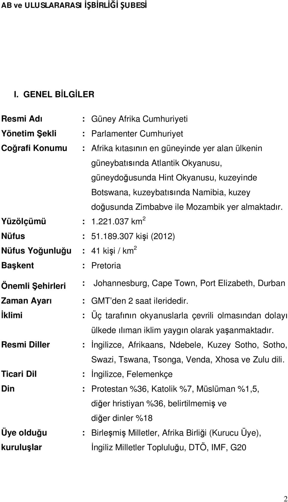 307 kişi (2012) Nüfus Yoğunluğu : 41 kişi / km 2 Başkent : Pretoria Önemli Şehirleri : Johannesburg, Cape Town, Port Elizabeth, Durban Zaman Ayarı : GMT den 2 saat ileridedir.