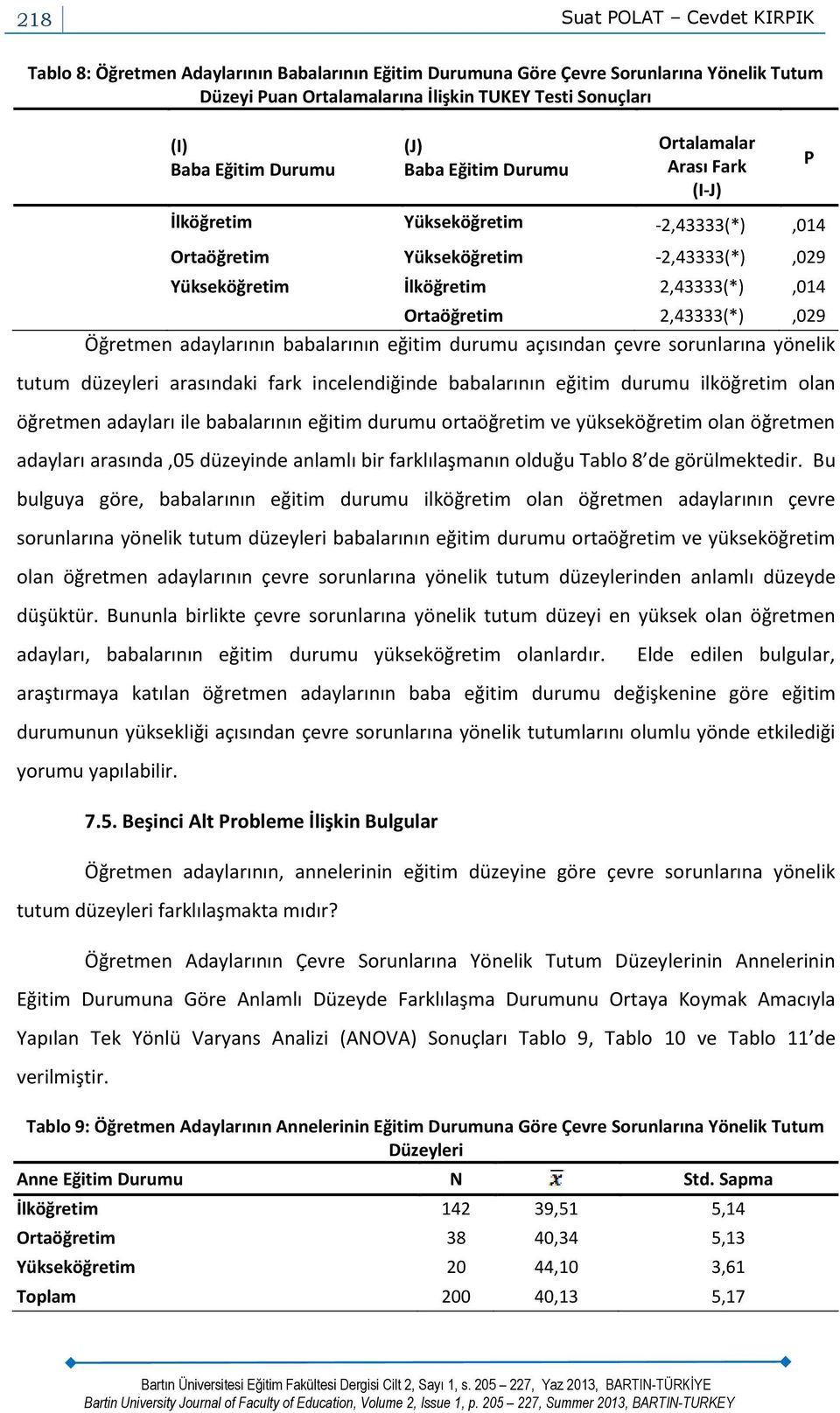 2,43333(*),029 Öğretmen adaylarının babalarının eğitim durumu açısından çevre sorunlarına yönelik tutum düzeyleri arasındaki fark incelendiğinde babalarının eğitim durumu ilköğretim olan öğretmen