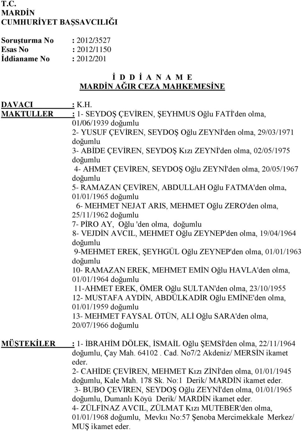 EMESİNE DAVACI MAKTULLER : K.H.