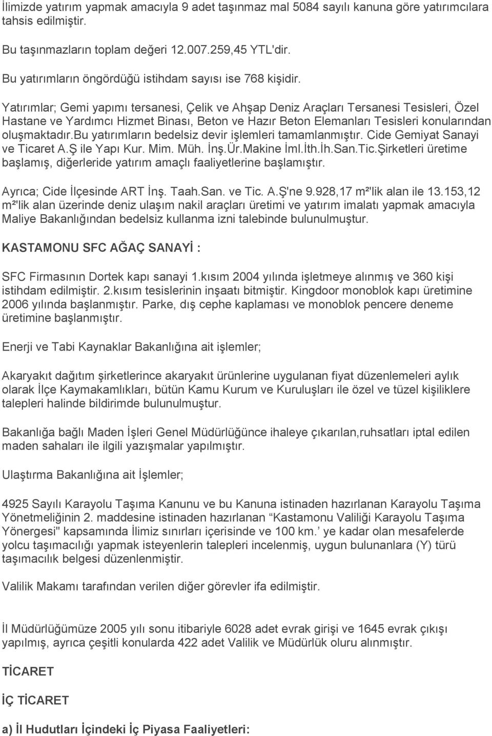 Yatırımlar; Gemi yapımı tersanesi, Çelik ve Ahşap Deniz Araçları Tersanesi Tesisleri, Özel Hastane ve Yardımcı Hizmet Binası, Beton ve Hazır Beton Elemanları Tesisleri konularından oluşmaktadır.