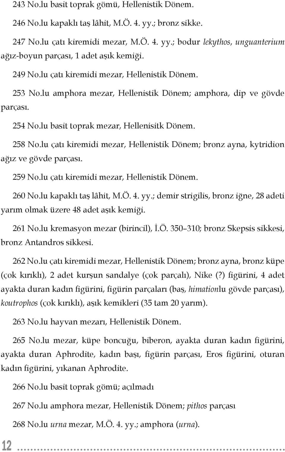 lu çatı kiremidi mezar, Hellenistik Dönem; bronz ayna, kytridion ağız ve gövde parçası. 259 No.lu çatı kiremidi mezar, Hellenistik Dönem. 260 No.lu kapaklı taş lâhit, M.Ö. 4. yy.