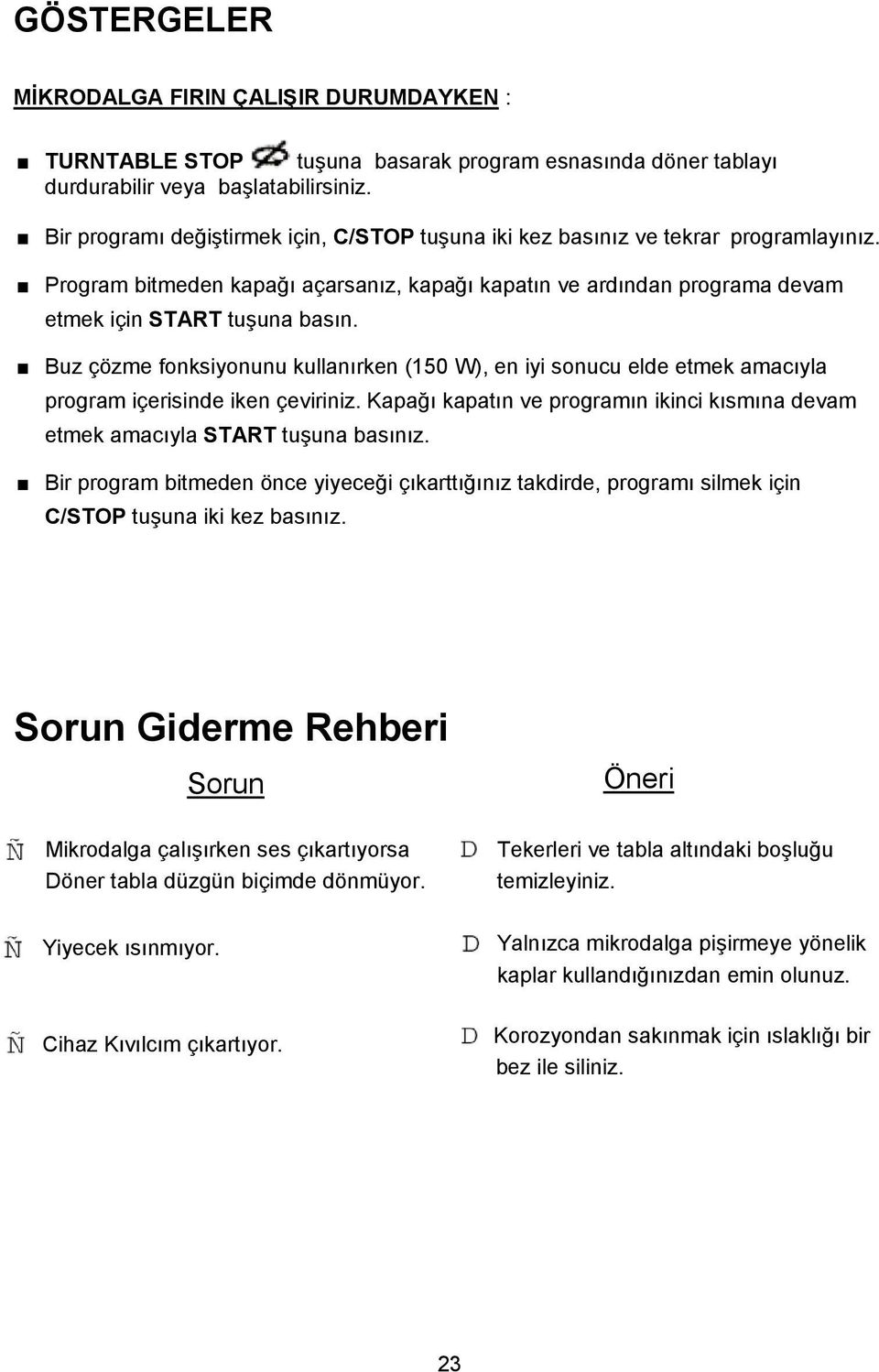 Buz çözme fonksiyonunu kullanırken (150 W), en iyi sonucu elde etmek amacıyla program içerisinde iken çeviriniz. Kapağı kapatın ve programın ikinci kısmına devam etmek amacıyla START tuşuna basınız.