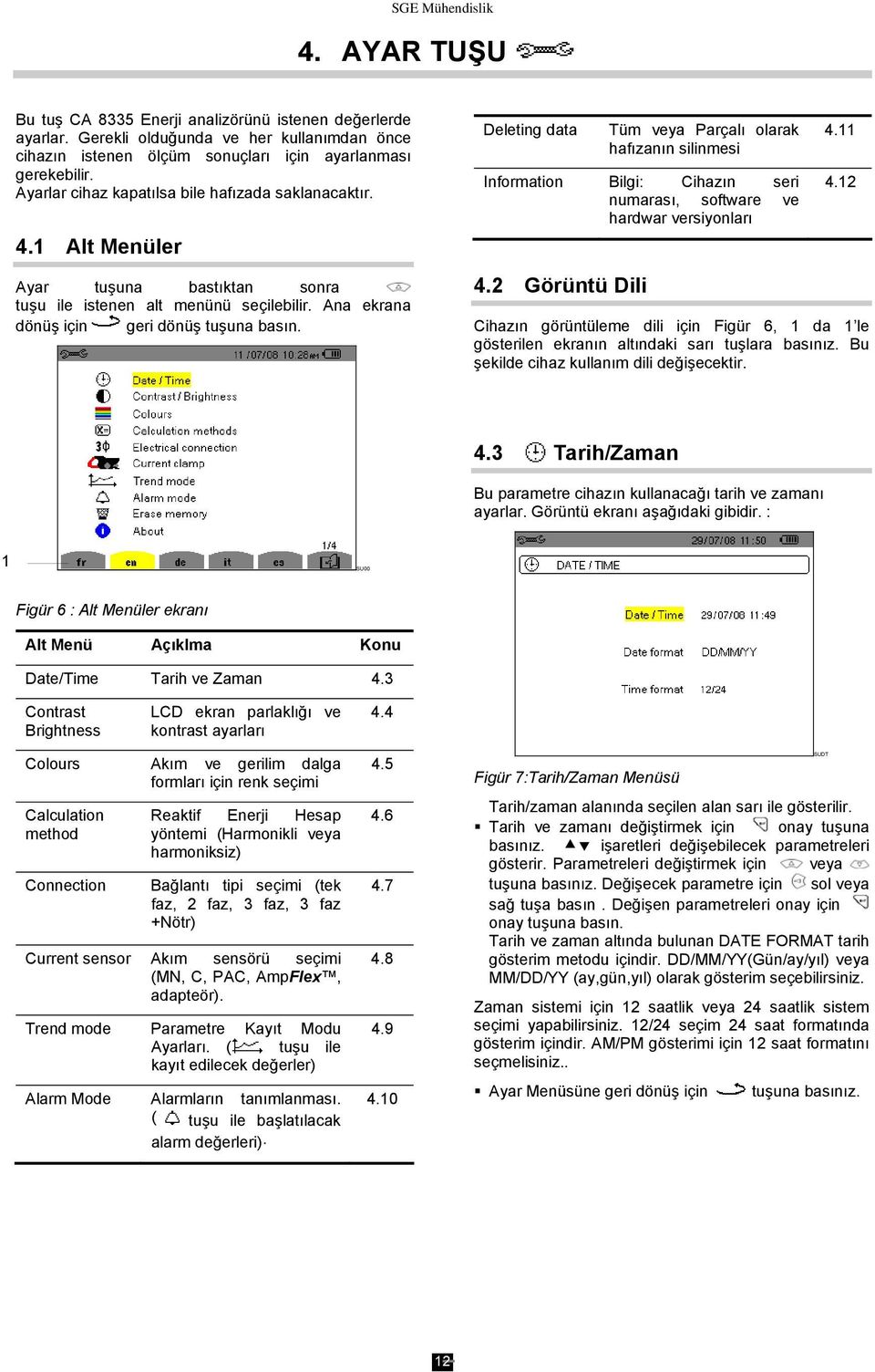 Deleting data Tüm veya Parçalı olarak hafızanın silinmesi Information Bilgi: Cihazın seri numarası, software ve hardwar versiyonları 4.